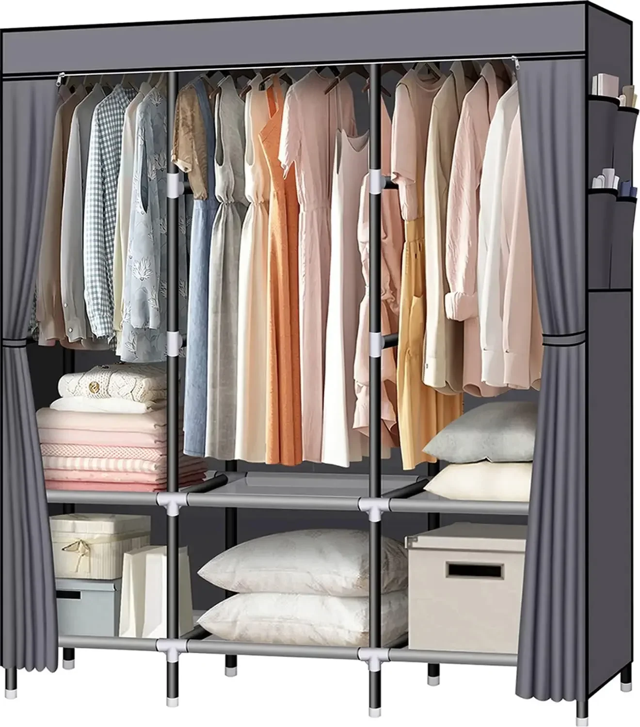 Portable Closet, 61-Inch Portable Wardrobe with 3 Hanging Rods and 6 Storage Shelves, Non-woven Fabric, Stable and Easy Assembly