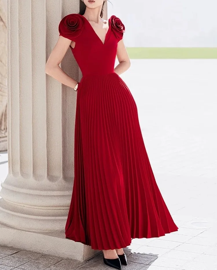 

Customized High Quality Jersey A-Line 3D Flowers Evening Dress Delicate Short Sleeves V-NeckAnkle Length Bespoke Occasion Gowns