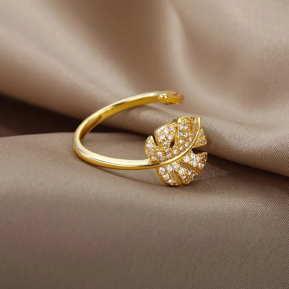 Modische offene Ringe in Palmblattform für Damen, goldfarben, mit Zirkonia, verstellbarer Fingerring, koreanischer Party-Schmuck, Geschenk für Mädchen – Detail 3