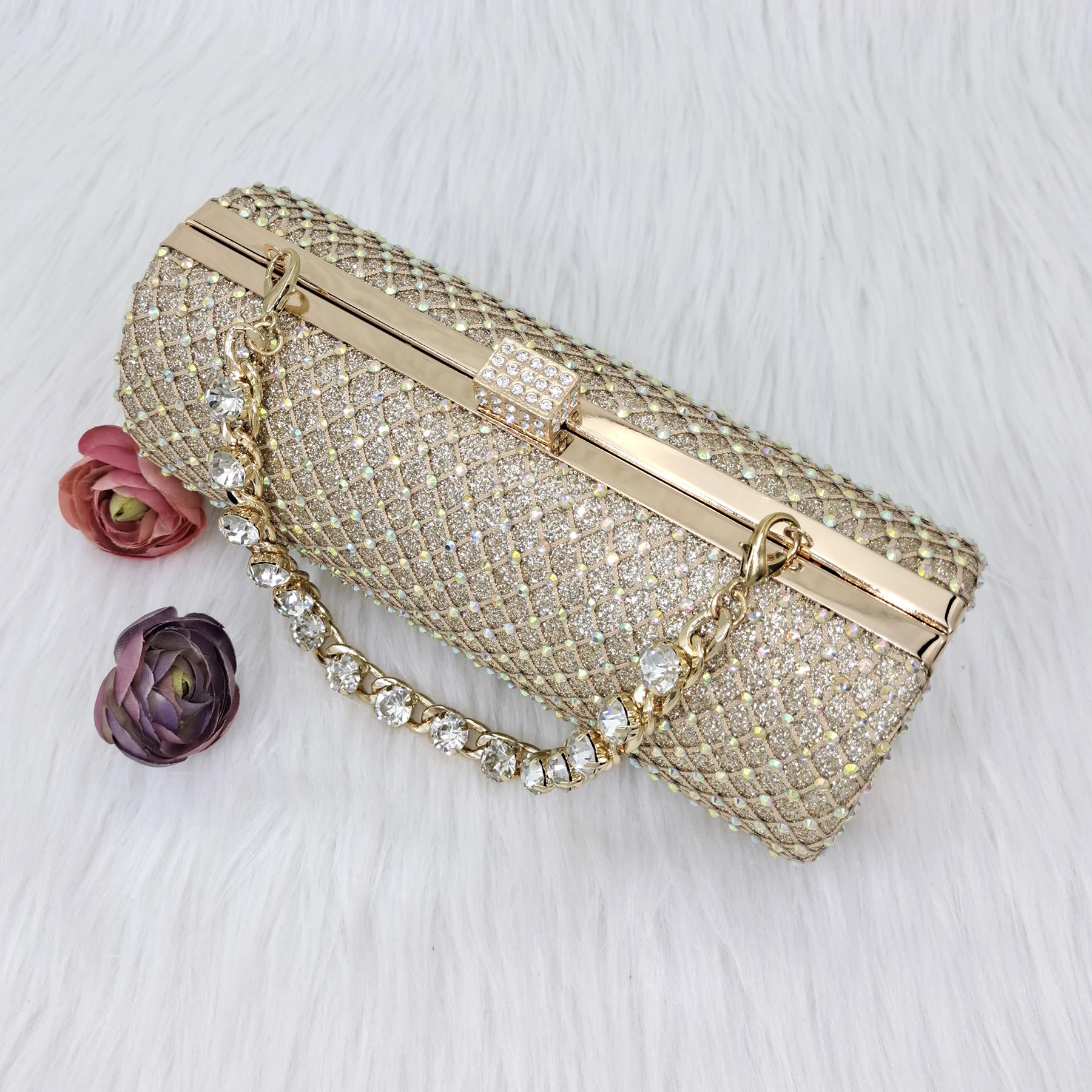 QSGFC Gold Color Crystal Mesh Round Hard Bag Evening Clutch Girly Fashion Small Bag Long Shoulder Strap Two-Way Bag