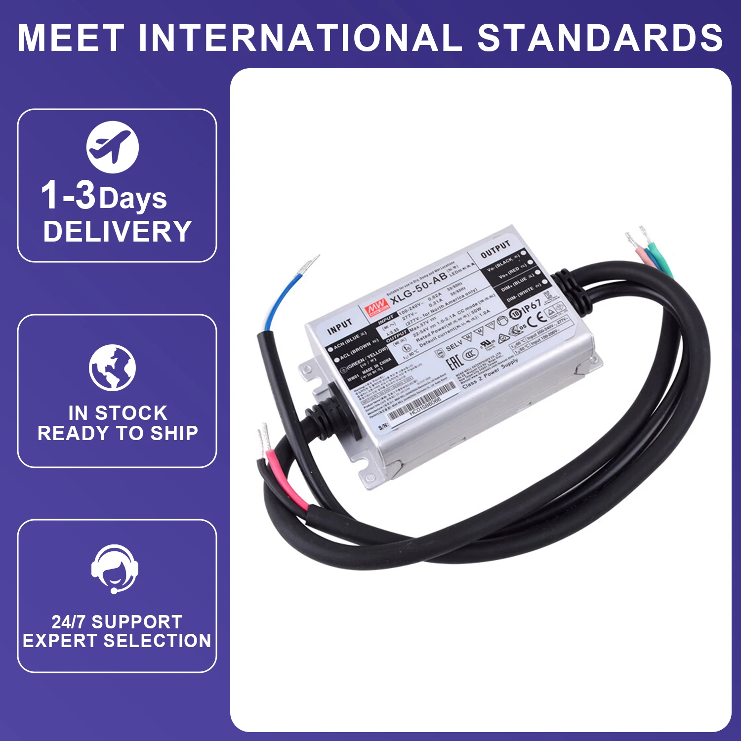 XLG-50-AB 22-54V 1A 90% Efficiency IP67 Waterproof Wide Input 90-305VAC Constant Power Dimming 24V 50W LED Driver