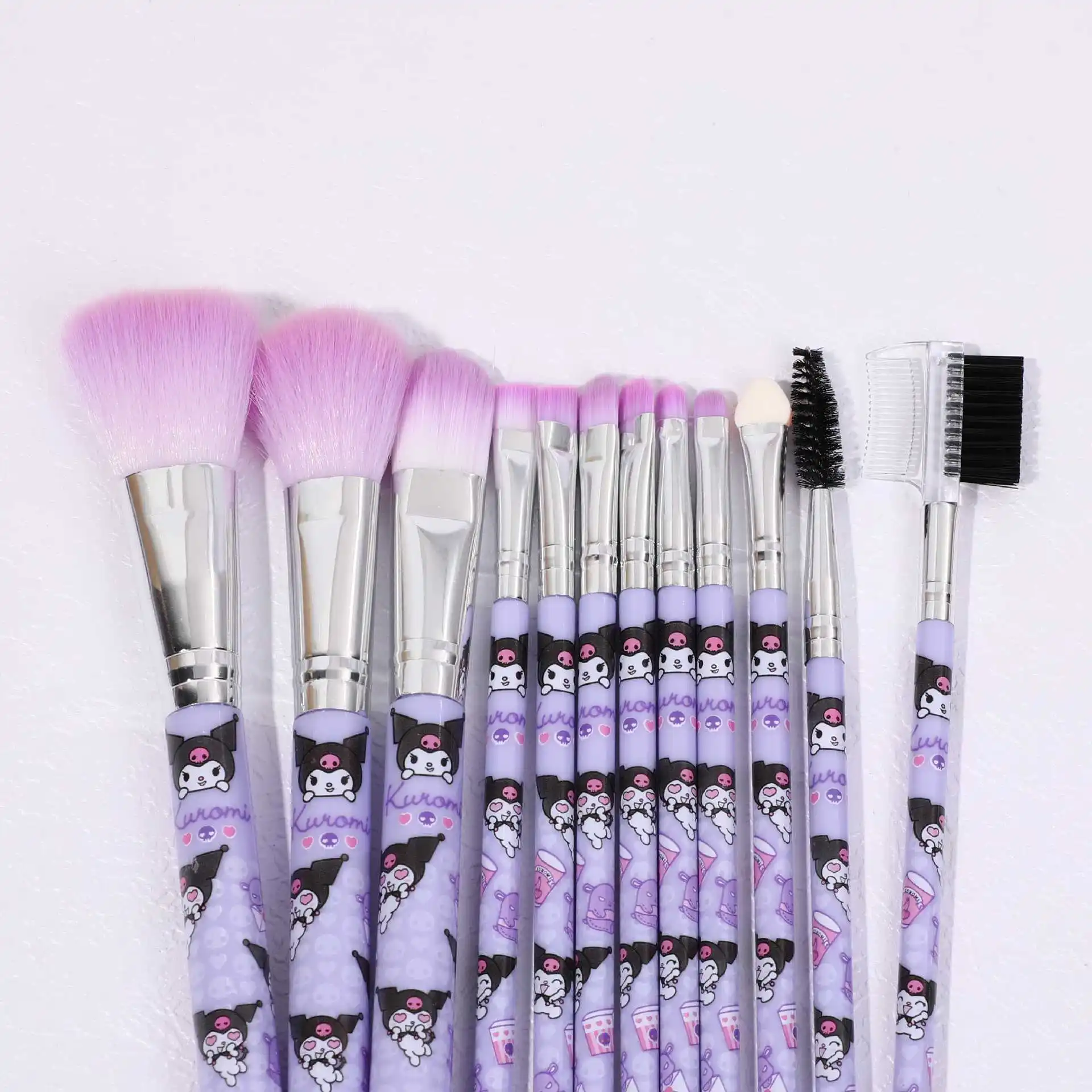12Pcs Set Kuas Makeup Kuromi Lucu Alat Makeup Wajah Kartun Kreatif Kuas Bedak Tabur untuk Hadiah Ulang Tahun Anak Perempuan