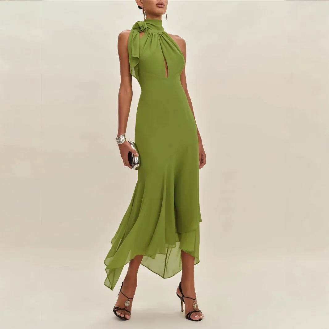 

Temperament Halter Neck Long Dresses Women Green Backless Leace-up Irregular Package Hip Party Dress Elegant Banquet Vestidos