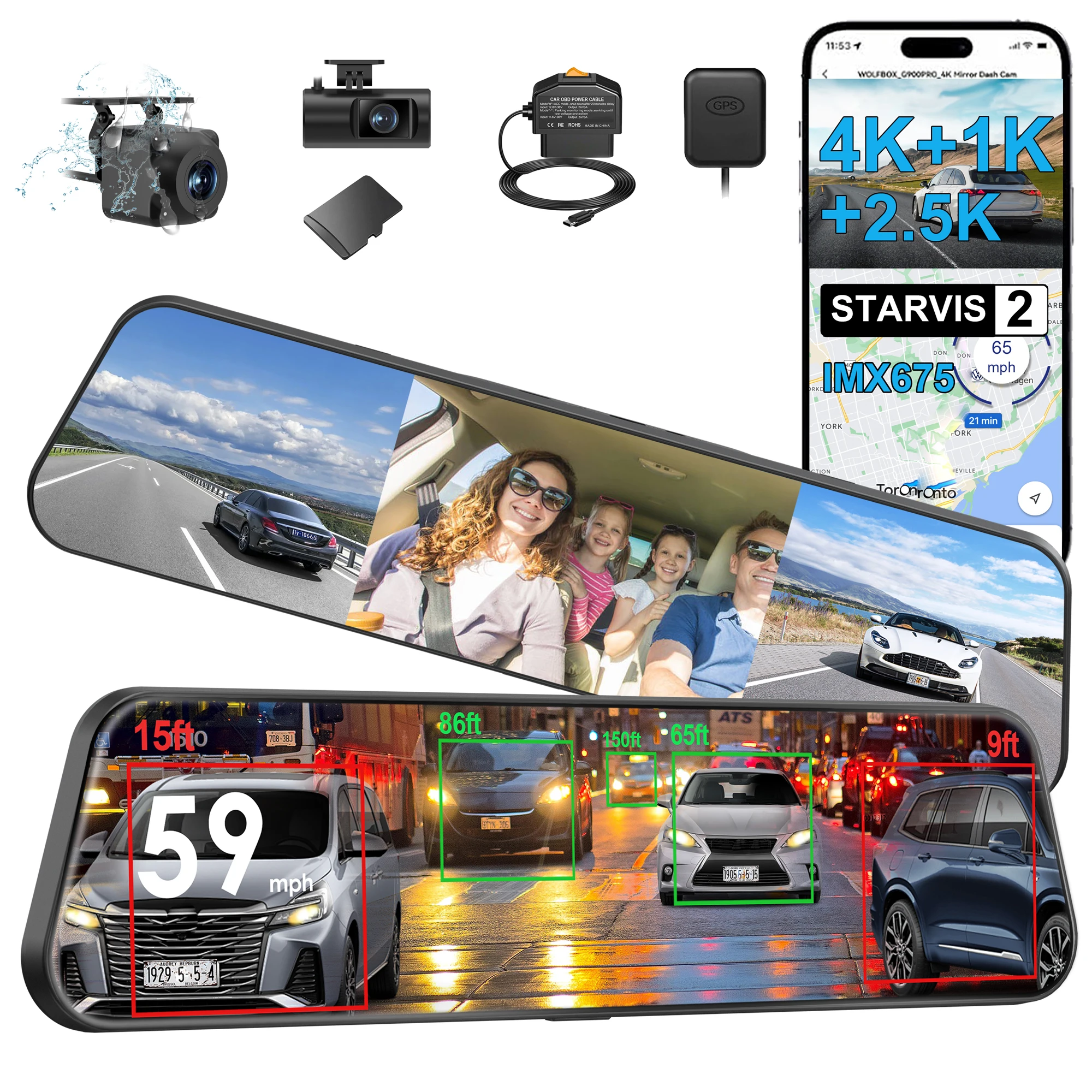 3 Channel 4K Rear View Mirror Camera,8MP STARVIS IMX678 | 256GB Card,12'' 4K+1080P+2.5K Front Inside and Rear,Cabin Version,Night Vision,5.8GHz WiFi,Voice Control,GPS,Car Truck SUV