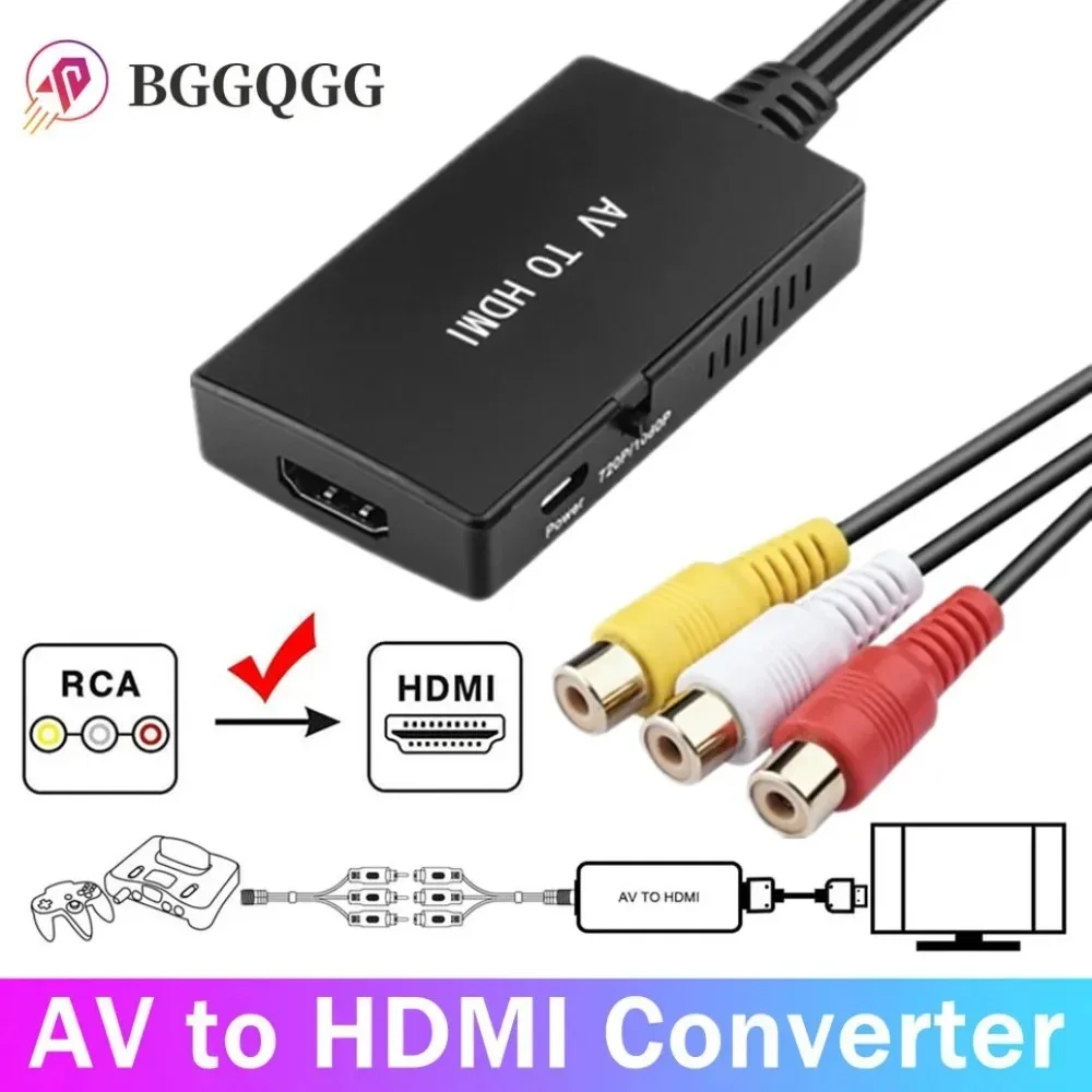 

BGGQGG AV to HDMI Converter, Composite to HDMI Adapter Support 1080P PAL/NTSC Compatible with PS one, PS2 PS3 STB Xbox VHS DVD