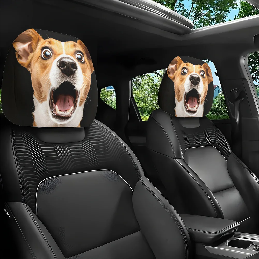 2Pcs Headrest Covers Ghost Headrest Covers Horror, surprise dog expression printed car head pillowcase, car decor interior