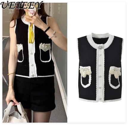 

2025 Autumn New Knitted Top Short Vest Cardigan for Women Round Neck Pearl Elegant Slim Fit Versatile Unique Vest Sweater Female