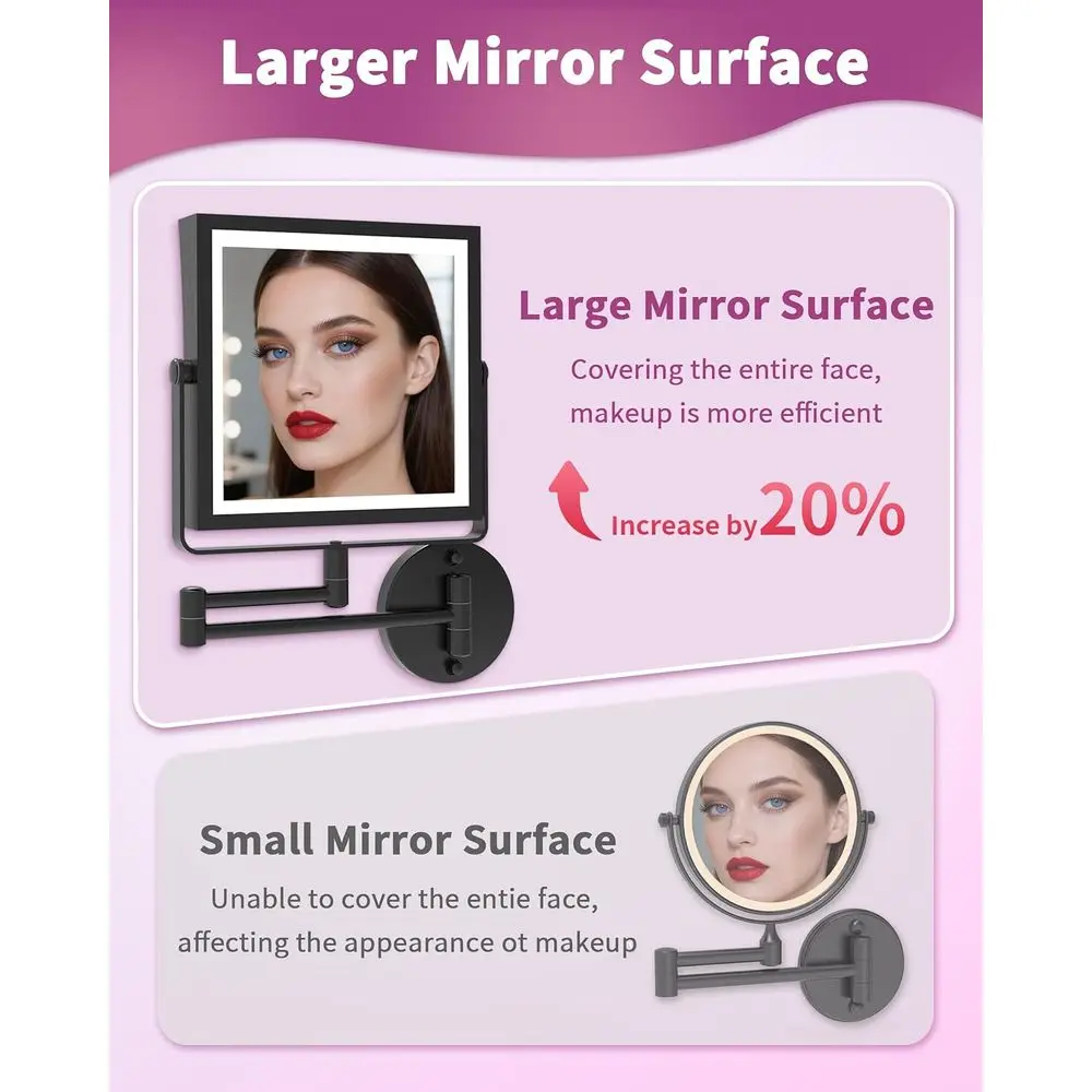Miroir de maquillage LED double face, batterie 4000 mAh, grossissement 1X/10X, lumière 3 couleurs, variable tactile, 360 °   Bras rotatif, mat