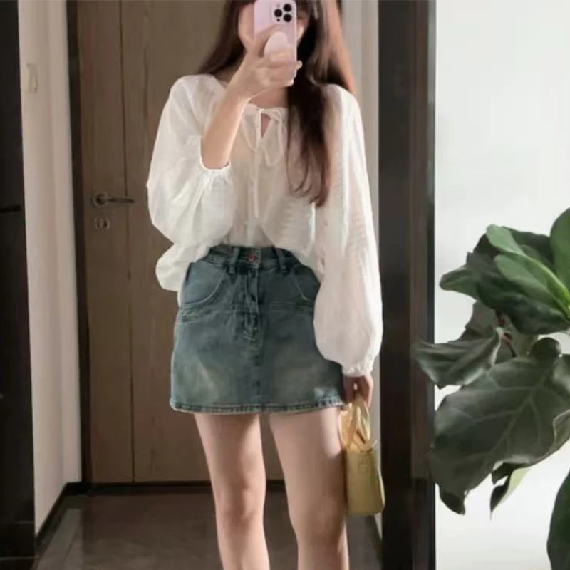 Korean O-Neck Lace Up Women Shirts Elegant Lady Embroidered Lantern Sleeve Blusas 2025 Summer Casual Loose Holiday White Blouses