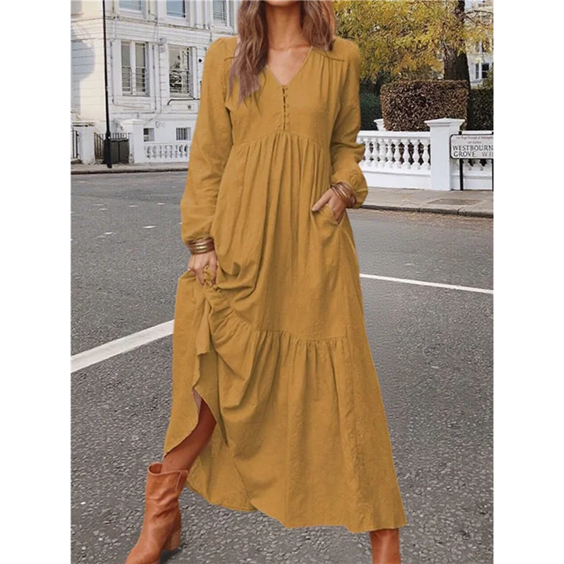 ASDS-Abito lungo da donna in cotone Boho con scollo a V e maniche lunghe, abito da spiaggia fluido con tasche e bottoni