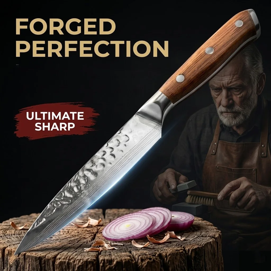Ultra Sharp Stainless Steel Chef Knife -Professional Utility Knife with Wood Handle for Kitchen Paring Knife for Apples&Veggies