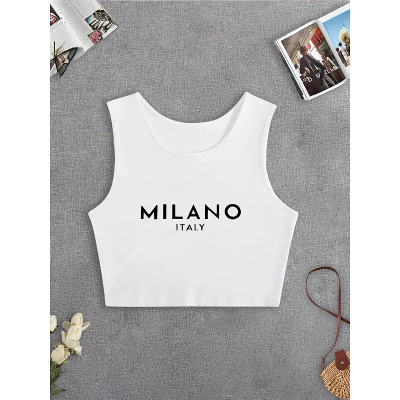 Cropped 90s Y2k Women'S Crop Top Milano Italy Letter Print Sleeveless Tank Top Casual Crew Neck Knit Vest Slight Stretch