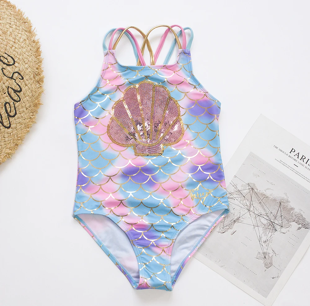 Fishscale Tie-dyed Child Girl Swimsuit 2024 Shell Embroidery Shinning Girls Kids One Piece Swimwear Summer Baby Beachwear Suit