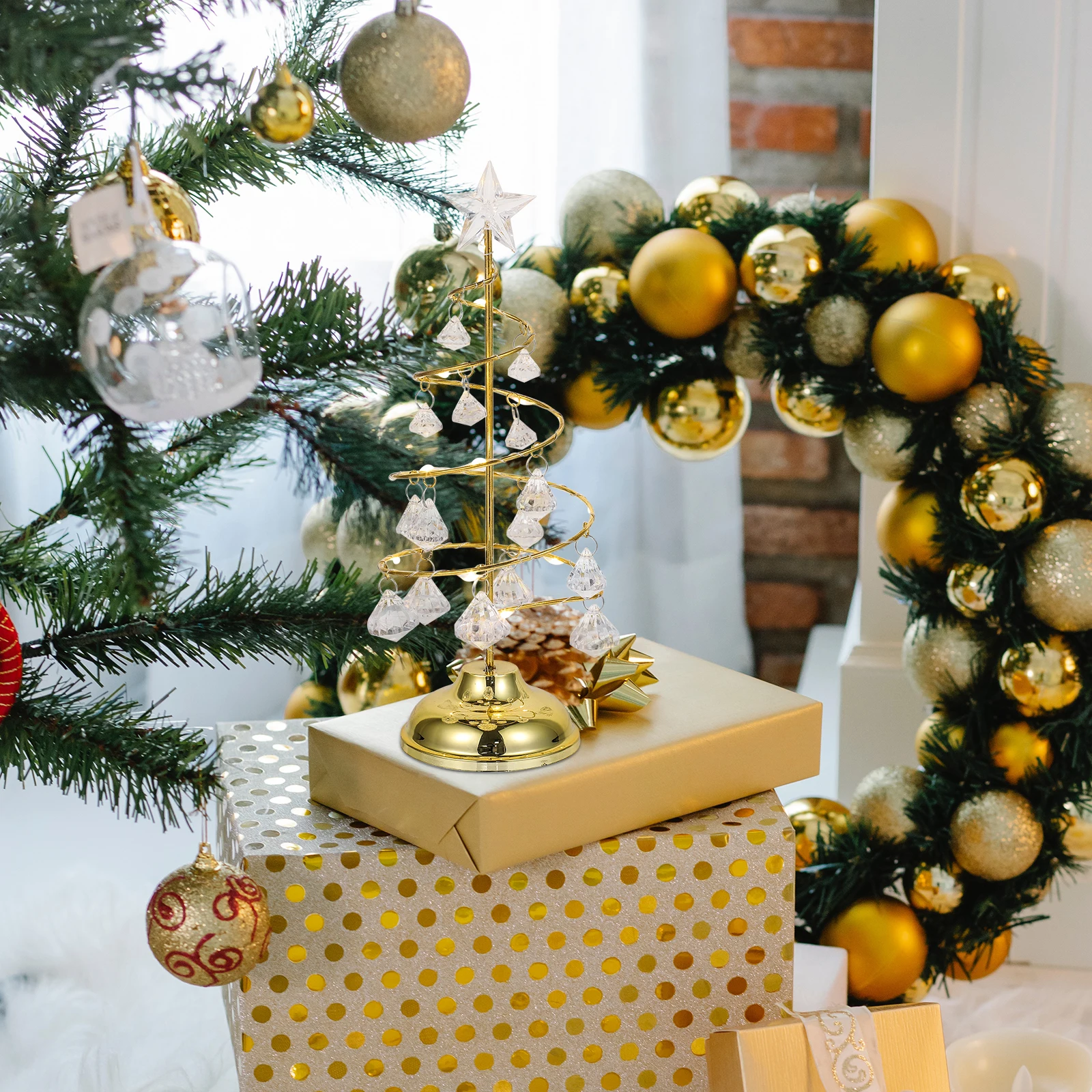

Wrought Iron Crystal Christmas Tree Night Light Decorative Glowing Ornament Powered Desktop Mini Tree Xmas Party