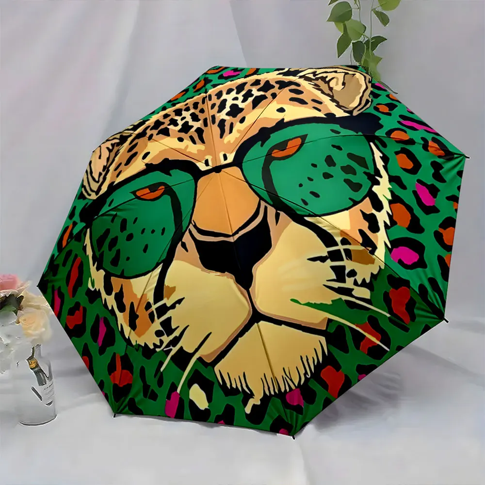 1PC Colorful Leopard Design Umbrella Adds Bold Style Print 8 Iron Ribs Folding Umbrella Auto-Open Fashion Sunshade
