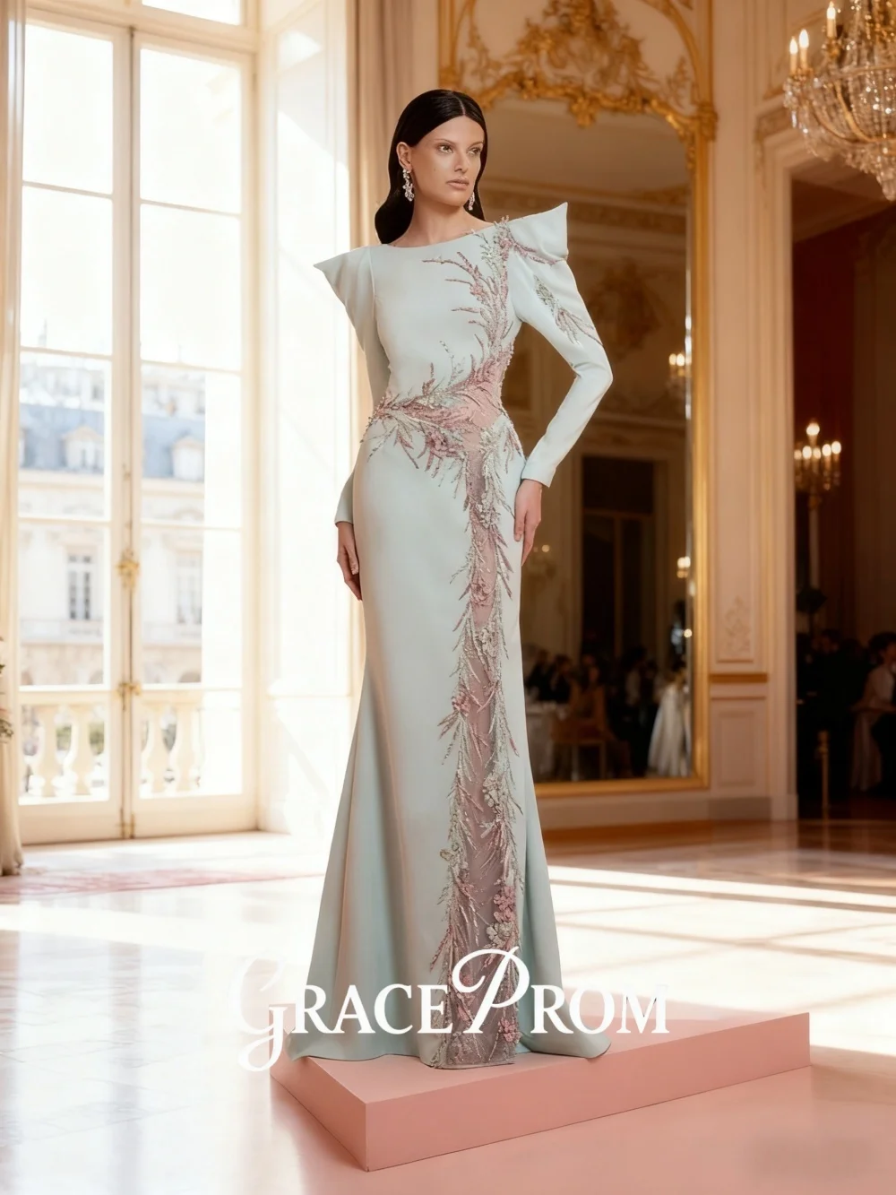 

GraceProm Opulent High-Neck Evening Dress 2026 Floral-Embellish Carpet Gown Intricate A-Line Floor-Length Party Gown فساتي