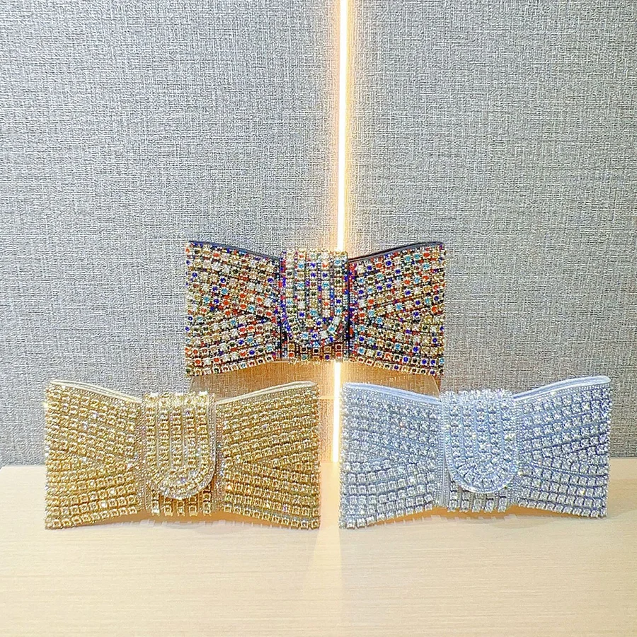 Full Version Rhinestone Bow Shape Small Phone Bag Sparkling Chain Hasp Bag Women's Hand-Held Crossbody Bag Party Dinner Bags ﻿