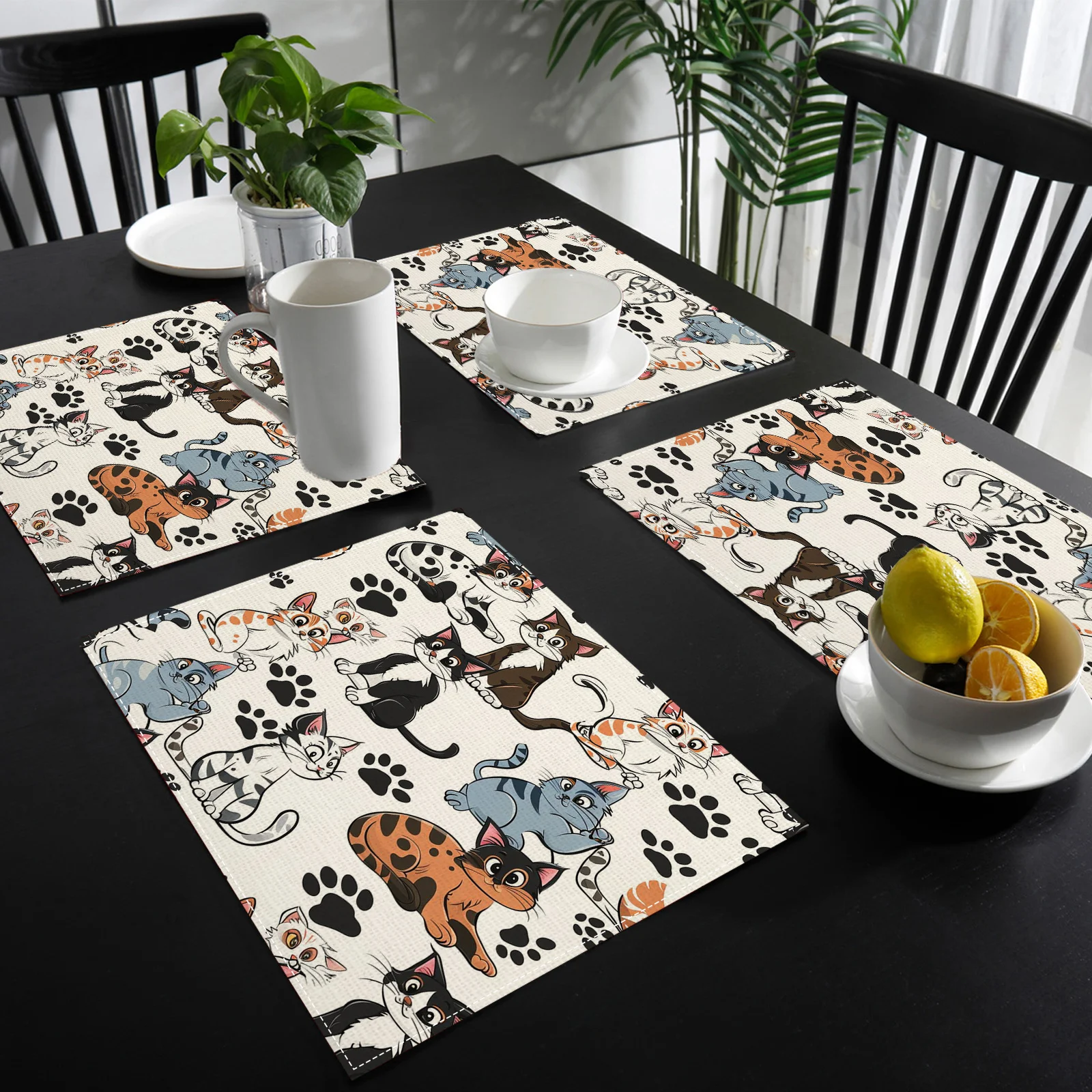 Playful Feline Theme Graphic Design Placemat Vintage Looking Floor Mat For Supermarket Home Kitchen Dining Room