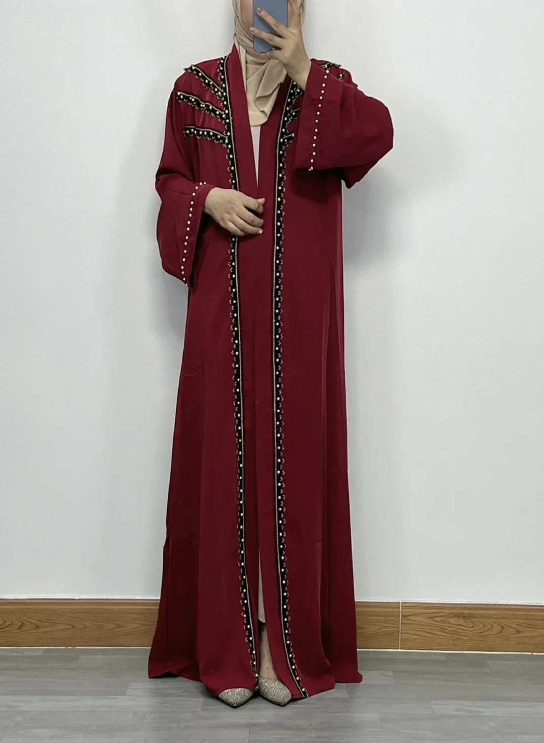 

Women Eid Muslim Abaya Ramadan Morocco Dubai Cardigan Pearls Abayas Kaftan Vestidos Arab Modest Long Robe Beading Loose Belt