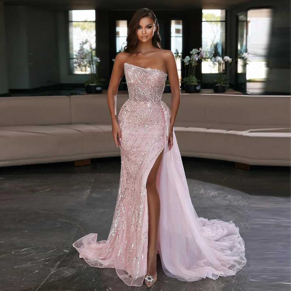 

Luxury 2023 Women's Pink Evening Dresses Sexy Sleeveless Off Shoulder Formal Prom Party Gowns Fashion Celebrity Mermaid Side De