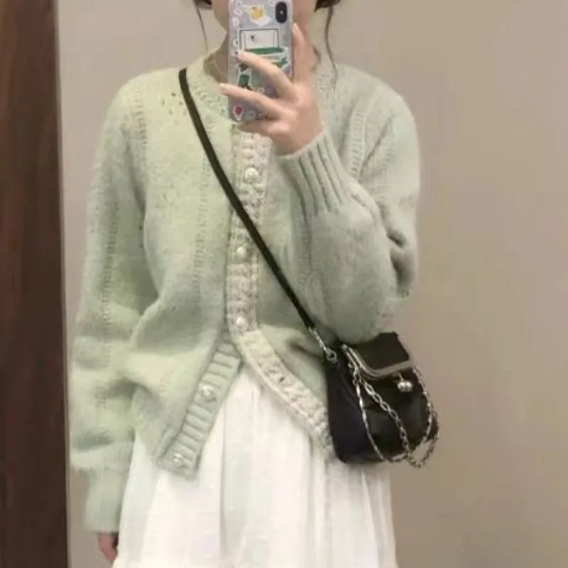 Green Lace Gentle Cardigan Women Knitted O-Neck Daily Casual Sweater Cardigan Long Sleeved Knitted Cardigan Autumn Winter