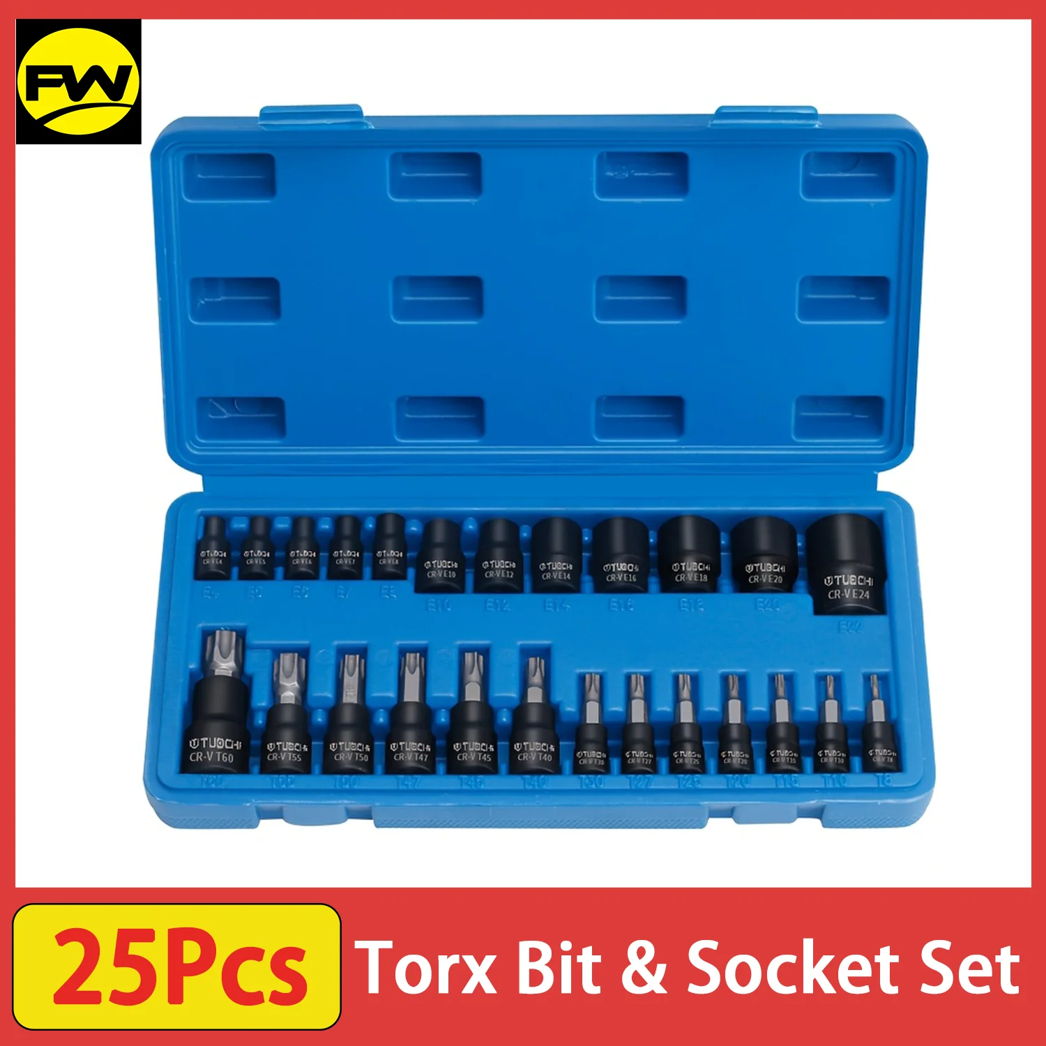 

25Pcs Torx Bit & Socket Set, 13 Star Bits (T8- T60) & 12 E-Torx Sockets (E4-E22), Professional Auto & Motorcycle Mechanic Set