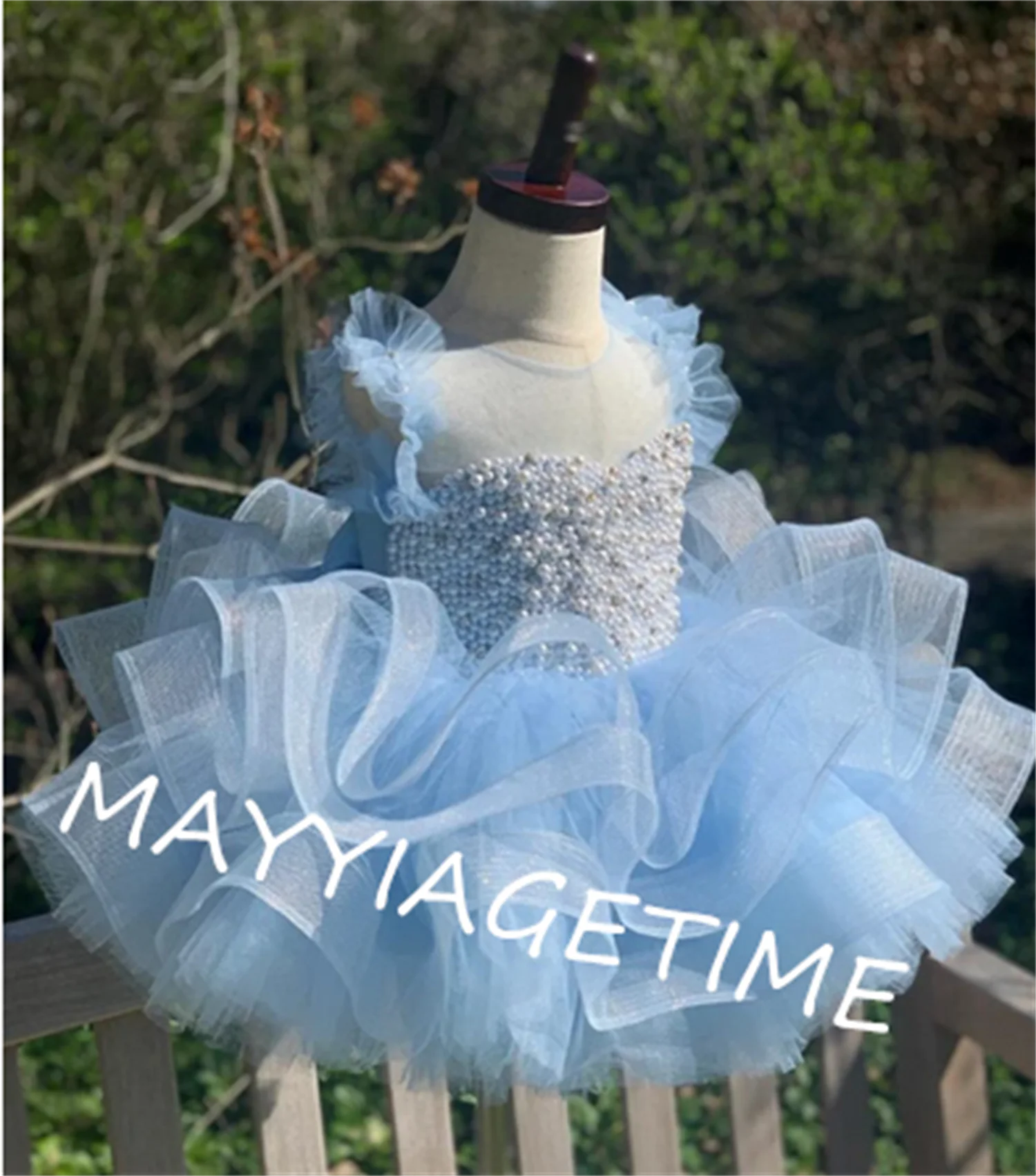 

Sky Blue Princess Dress Pearl Beaded Puffy First Communion Dress Flower Girl Dresses Cute Children Girls Dress Custom Made