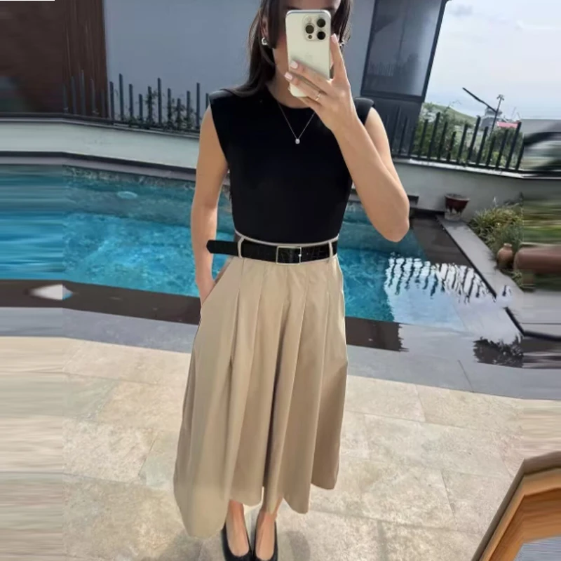 HXAO 2025 sukienki damskie bez rękawów Patchwork damskie eleganckie sukienki letni pasek długa sukienka damska plisowana sukienka Midi Tank