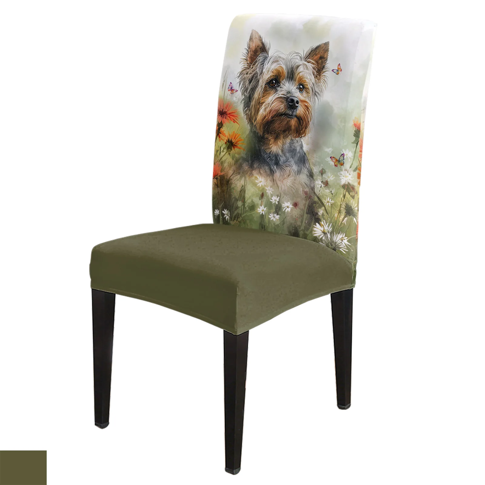 Flower Pet Dog Watercolor Butterfly Stretch Chair Cover Kitchen Dining Chair Slipcovers Banquet Hotel Elastic Seat Chair Covers