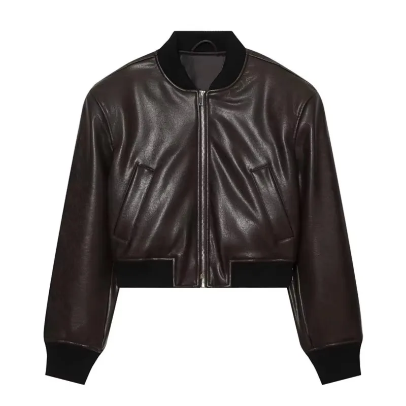 Guobioziy Minimalist Style Faux Leather Bomber Jacket for Women Long Sleeve Ribbed Trims Short Coat Autumn Winter