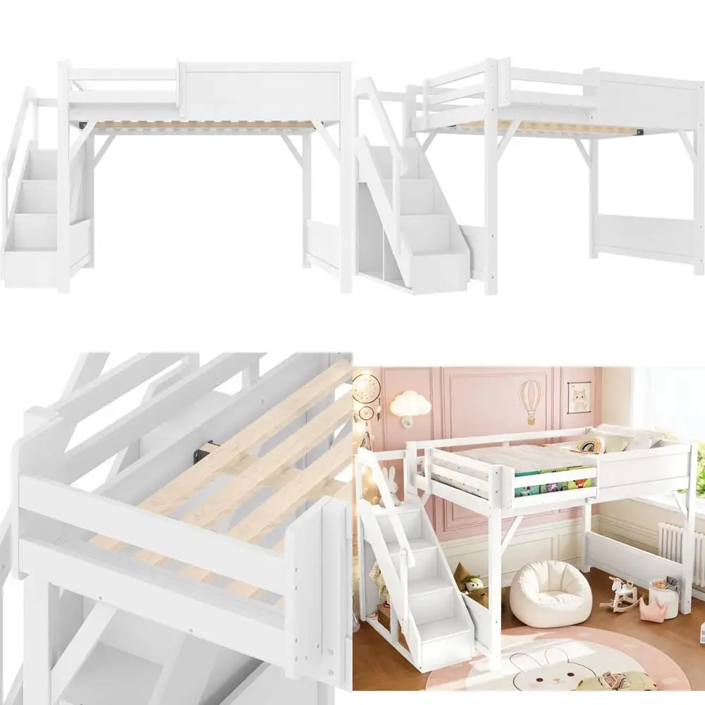 

Белая деревянная кровать-чердак со ступеньками, встроенным шкафом и полками для хранения для детей, подростков и взрослых