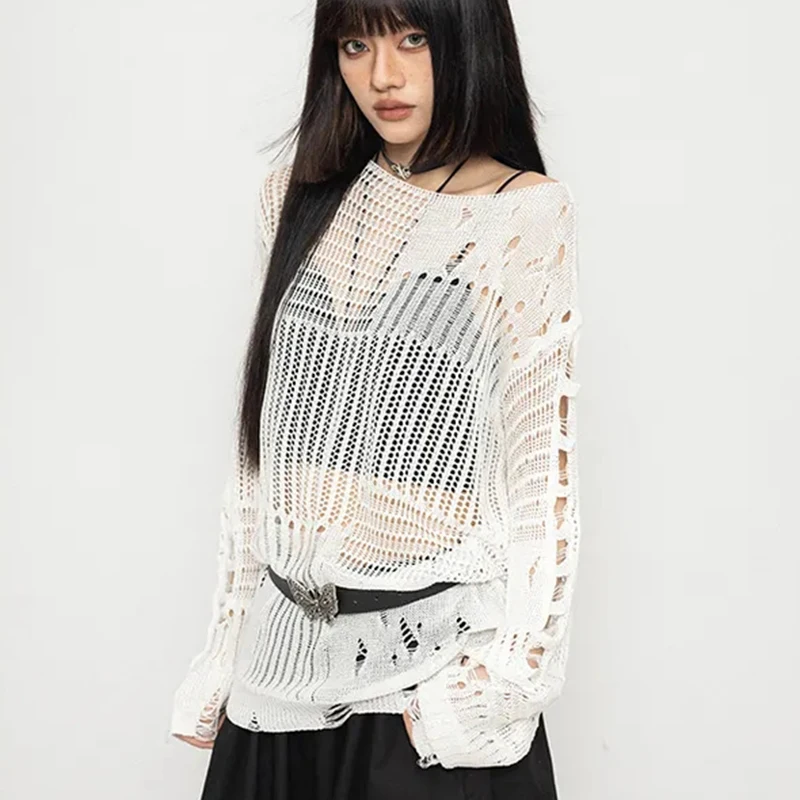 黒ニット中空アウトプルオーバー女性ブロークンホールセクシーなシースルーストラップレスセーター長袖ルーズ怠惰なストリートトップ