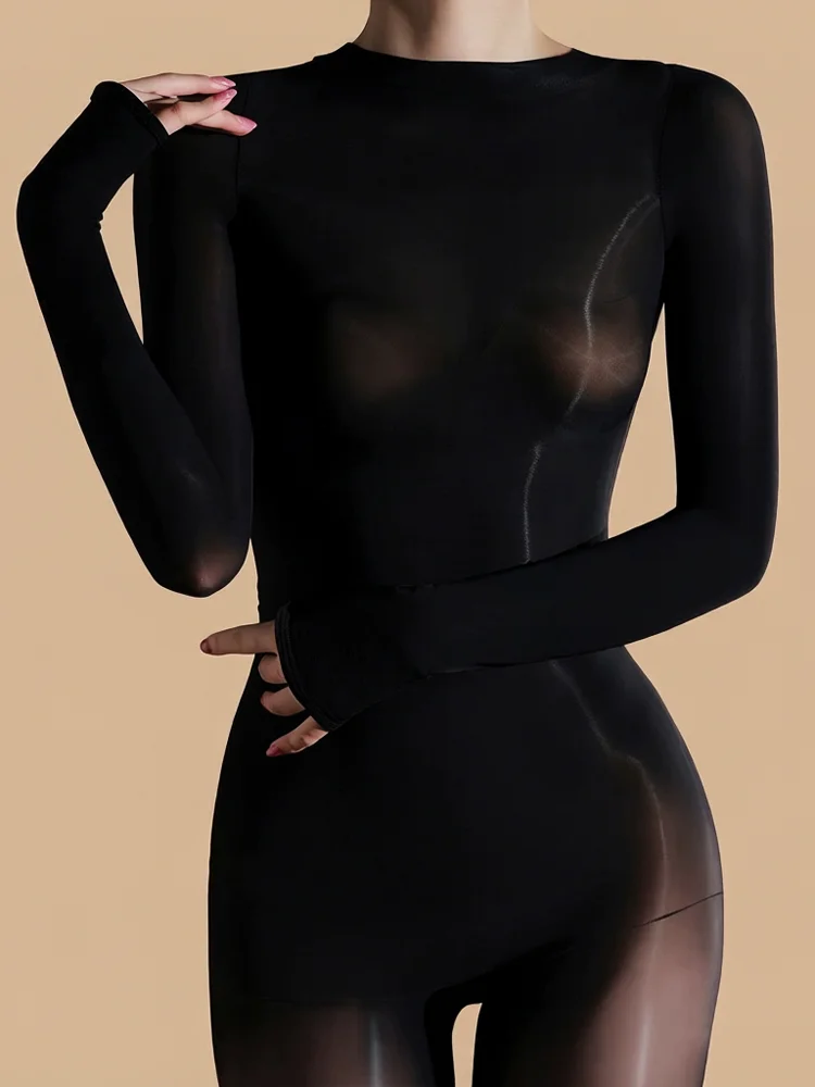 Oil Shiny Breast Seamless Jumpsuit High Elastic Shaping Women's Tights Smooth Crotch Woman Bodysuit Maid Leotard Fashion