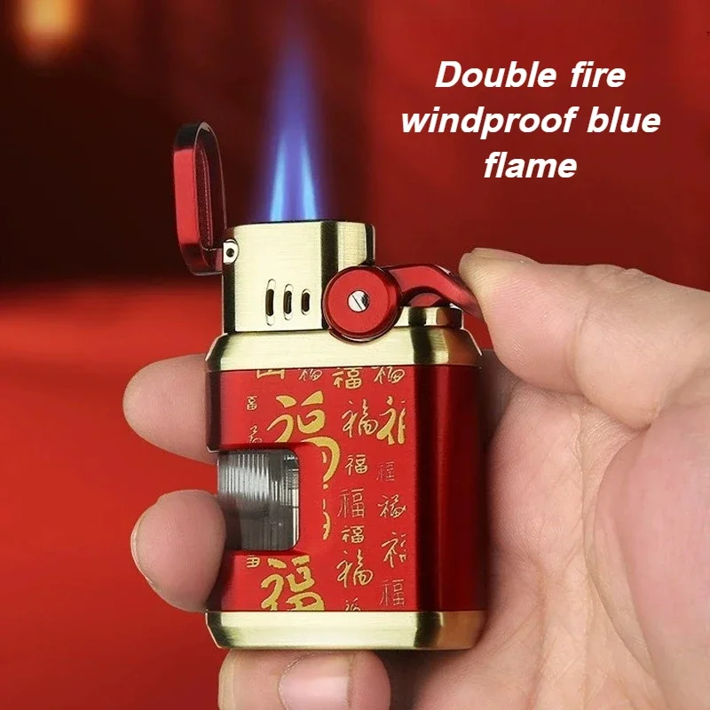 Fashion Metal Double Blue Flame Cigar Lighter Outdoor Windproof Perspective Window Butane Inflatable Lighter High end Men's Gift