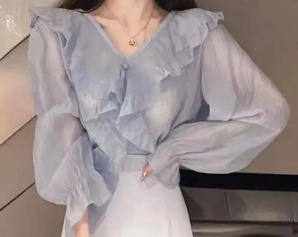 Pleated Ruffle Edge Shirt Women in Spring Autumn New Korean Version Niche Design Fashionable Temperament Casual Commuting Top