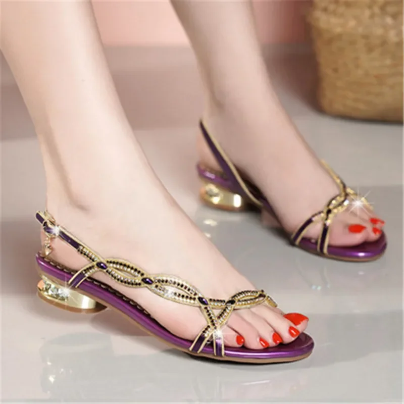 MVVJKEHot Temperament Elegant Rhinestone Sandals Summer Low Heel Shoe 2021New Open Shoes Rhinestone Fashion Sandals Women Sandal