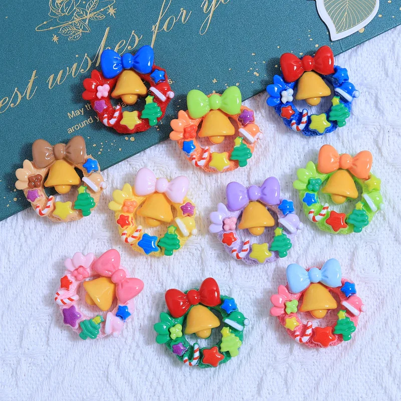 10 Pcs New Mini Cute Bright Surface Cartoon Christmas Bell Wreath Resin Clip Book DIY Jewelry Hairpin Headrope Decoration Craft