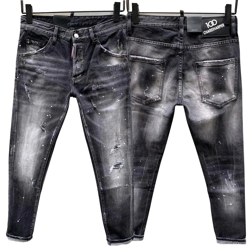 chareiharper dsq 930 tattered paint men slim letter printed stretch D jeans tight beggar pants