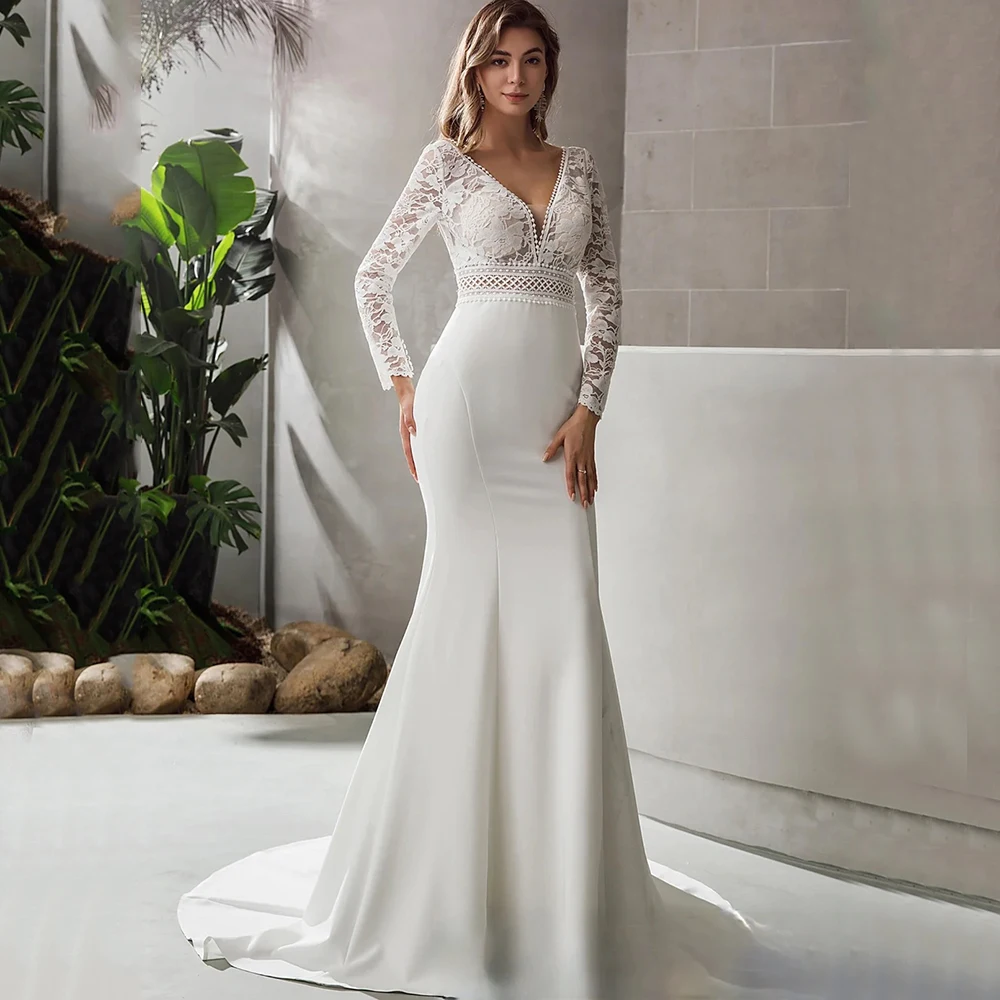 Elegant Lace Jersey Mermaid Wedding Dress Boho V-Neck Long Sleeve Sexy Open Back Floor Length Bridal Sweep Train Bride Gowns