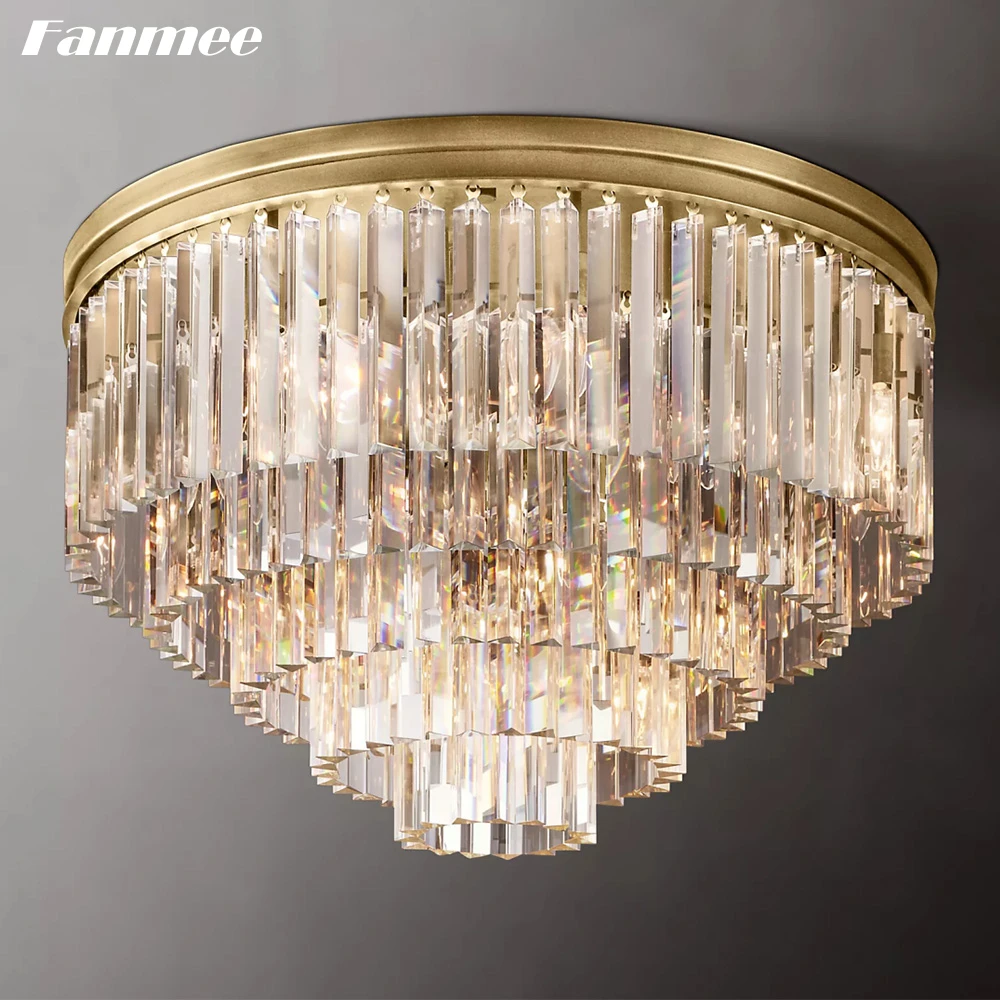 Ceiling Chandeliers Modern for Living Room Prism Clear Crystal Odeon Round Flushmount Luxury Indoor Ceiling Lights for Bedroom