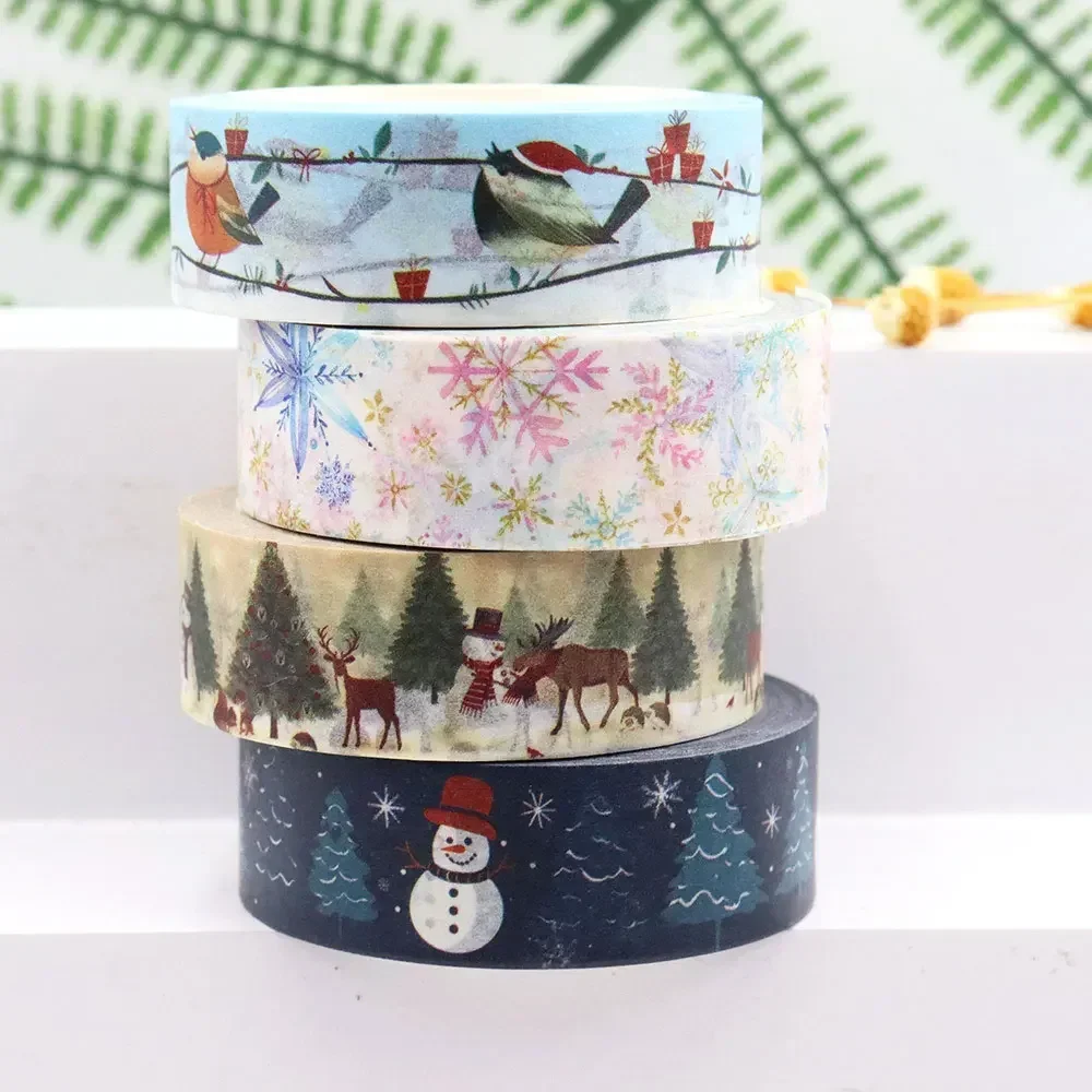 10pcs/lot 15mm*10m Christmas Snow Birds Trees Snowman Elk Masking Adhesive Washi Tape organizer supplies masking tape sticker