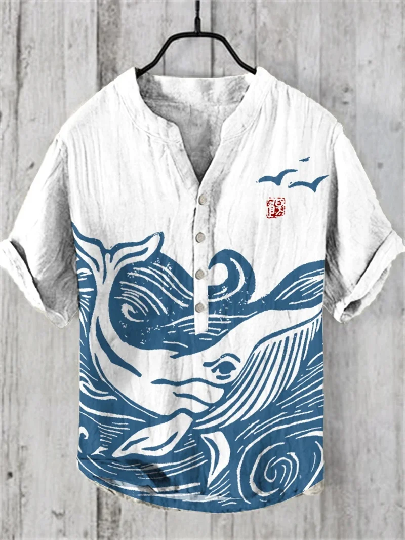 

New 100% linen fashionable men's short sleeved casual street beach V-neck short sleeved shirt, new Hawaiian linen shirt, fashion