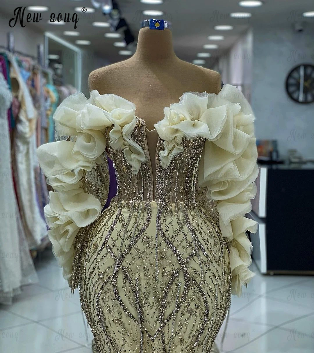 Vestido de noite manga comprida para mulheres plus size, conta de babados, vestidos de baile sereia, vestido de festa para casamentos, vestido feminino, dourado 2024