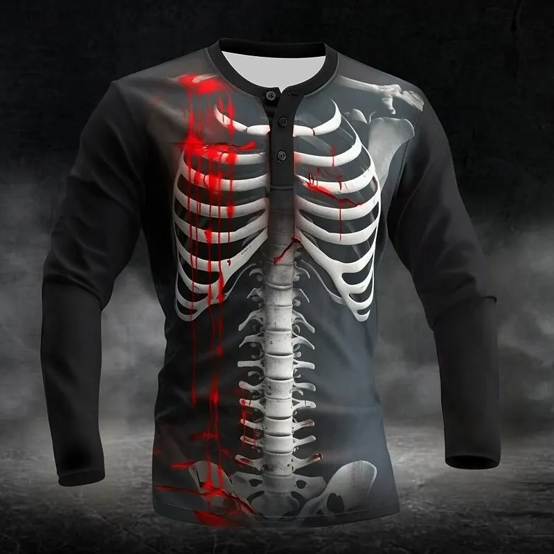 

3D Skeleton Print Men's Henley T-Shirt Vintage Skull Graphic Long Sleeve Button Pullover Loose Daily Casual Henry Collar Clothes