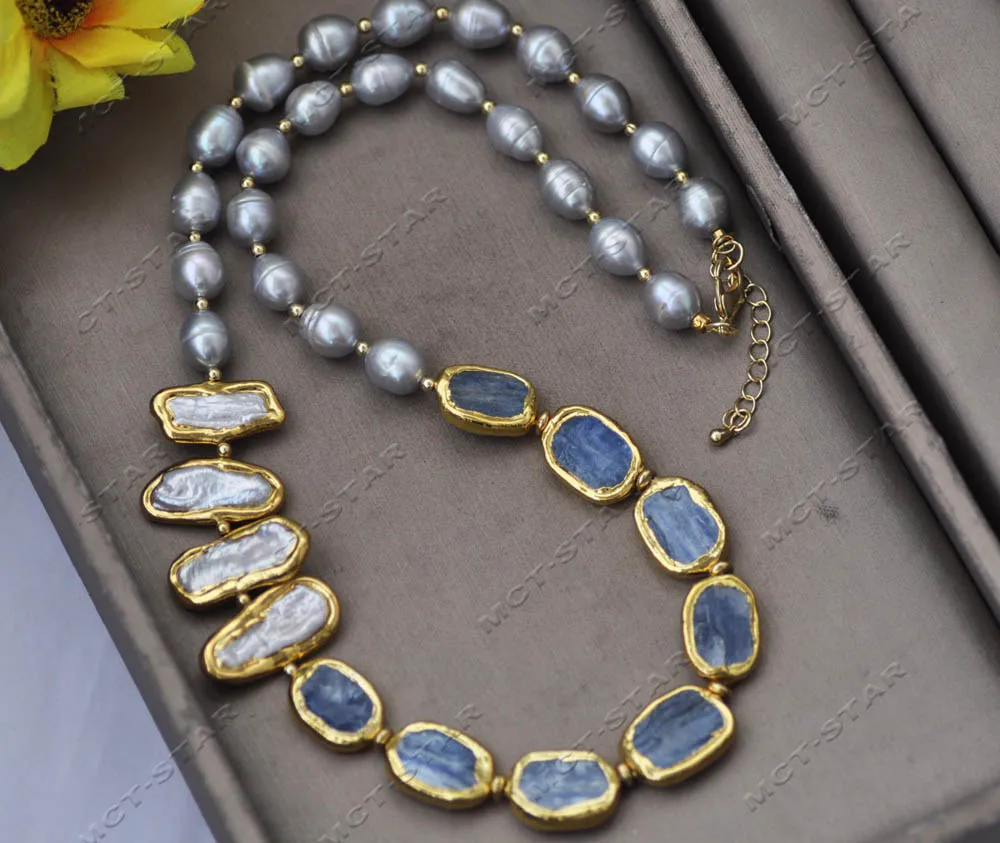 Z13545 Set 26'' 20mm Gray White Black Rice Pearl Blue Crystal Coin Biwa Pearl Necklace Bracelet Earring Custom Jewelry