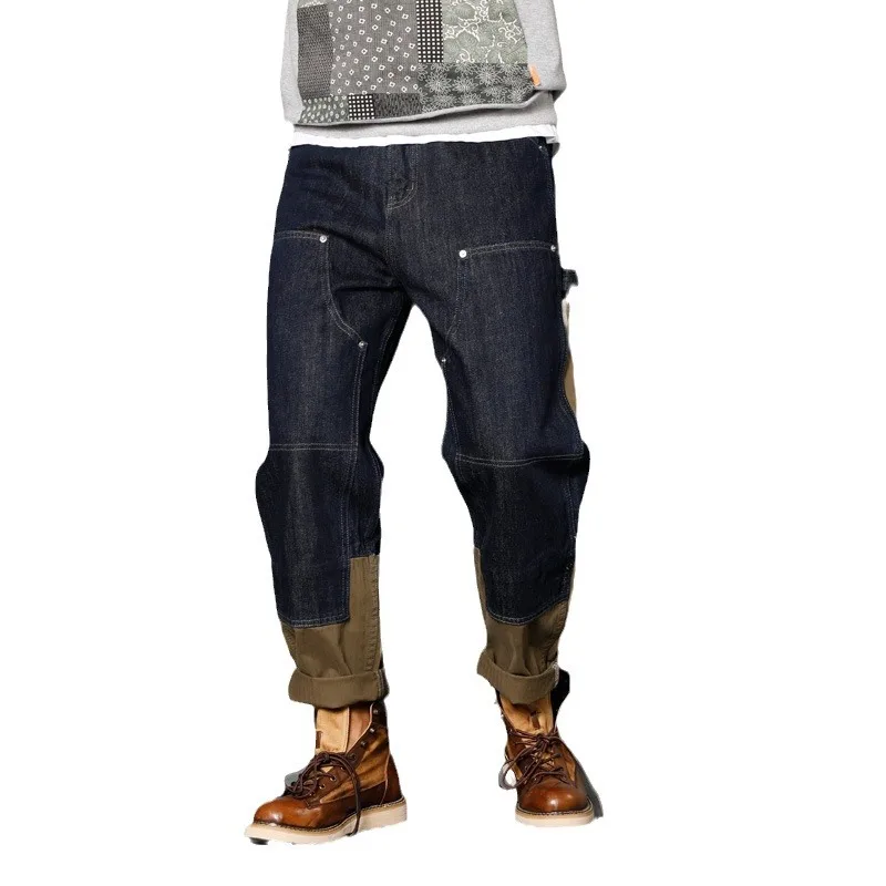 

Korean Straight Leg Jeans Men'S Loose Multi Pocket Jeans Streetwear Splicing Color Stacked Jeans Casual Pants