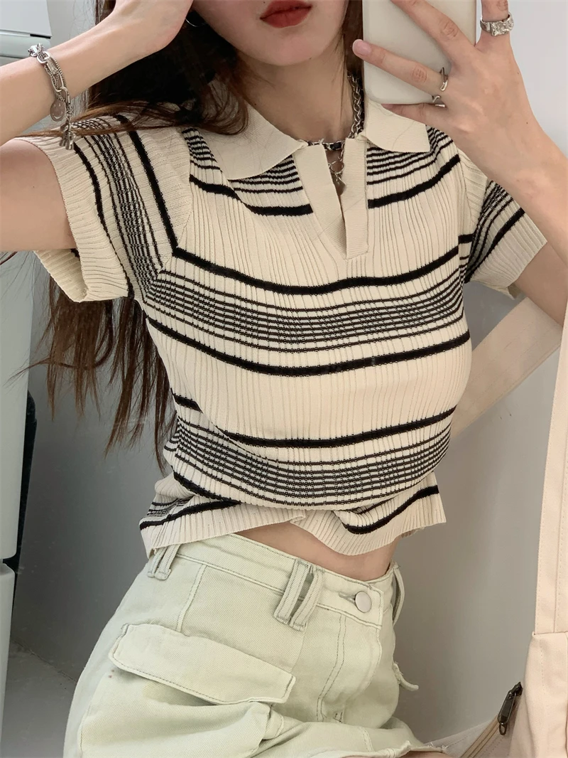

Retro Korean Sle Slim Fit ort Sve Ne Striped Knit Top oulder T-irt for Women Summer Sweet Sle Sweet Wind