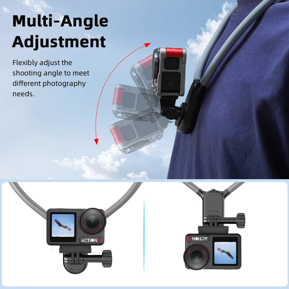 حامل رقبة Flymile لكاميرا DJI Action 5 Pro/GoPro/Insta360 وحامل هاتف POV Selfie Mount Chest Stand حزام تسجيل الفيديو