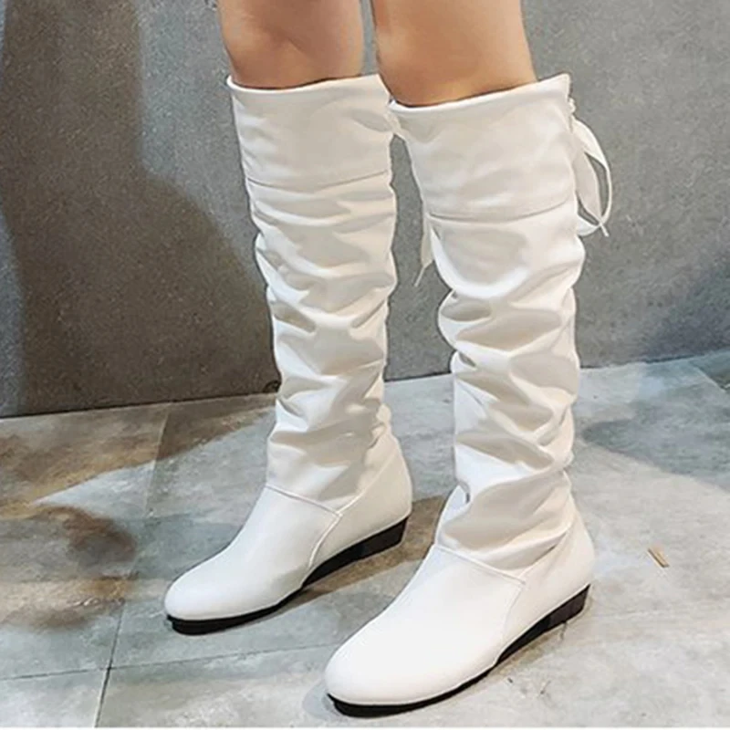 2025 Shoes For Women  Knee High Boots Red Black White Tall Boots Woman Pleated Low Heel Casual Leather Female Long Shoes