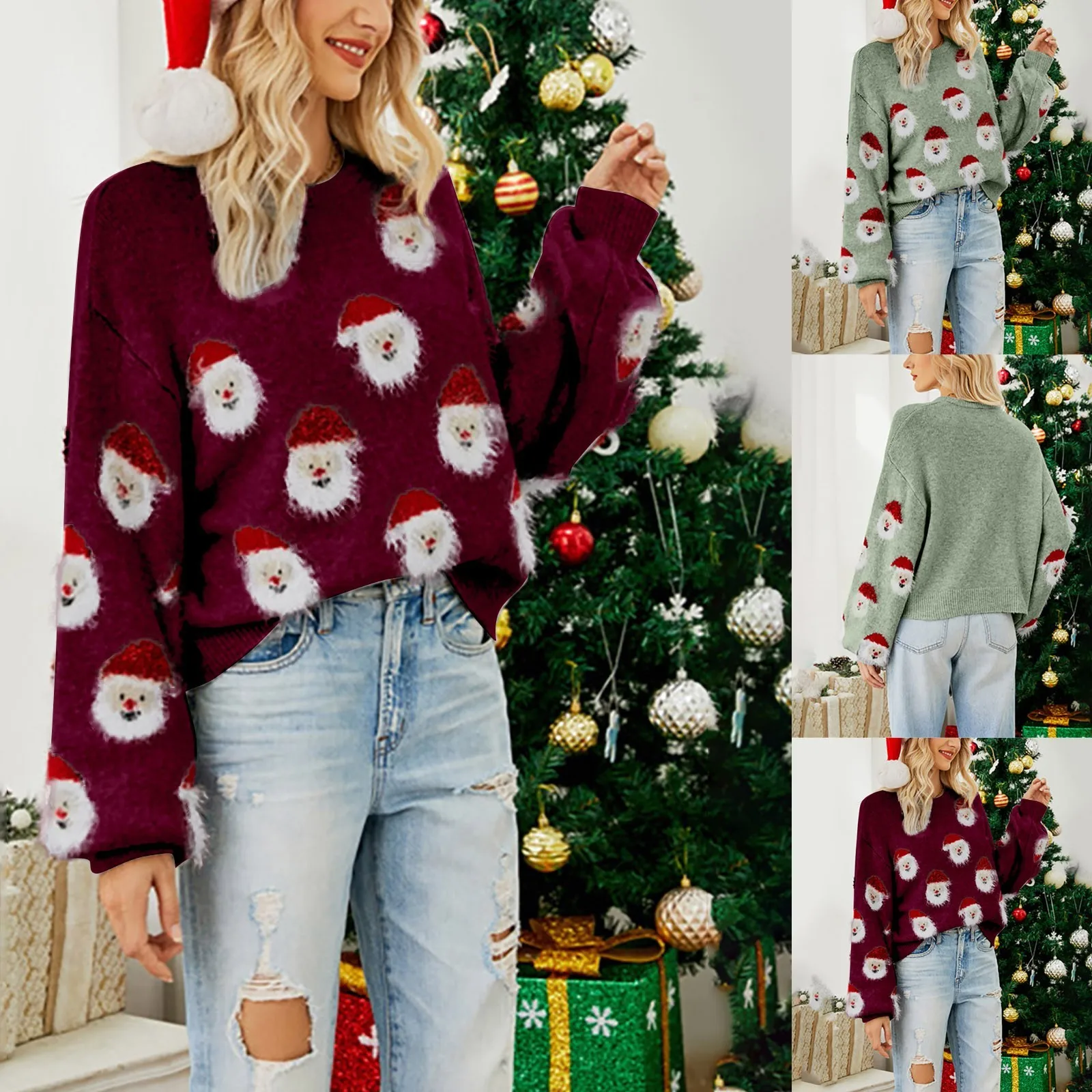 Womens Knitted Long Sleeve Sweater Vantage New Year Tops Female Pullover Ugly Knitted Christmas Santa Claus Sweater